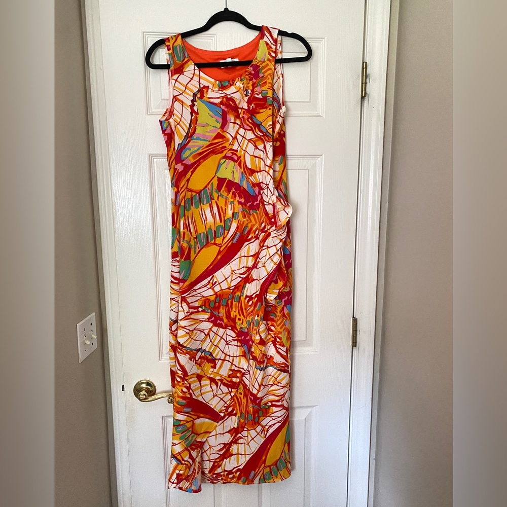 Robbie Bee Sleeveless Crew Neck Printed Sarong Dress orange/hot pink